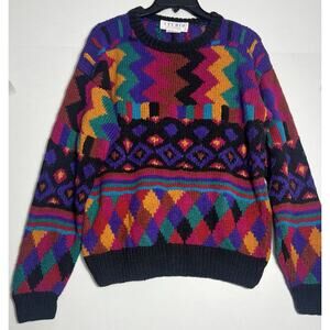 Vintage Studio Michelle Stuart Hand Knit Geometric Trippy Sweater L/XL Retro